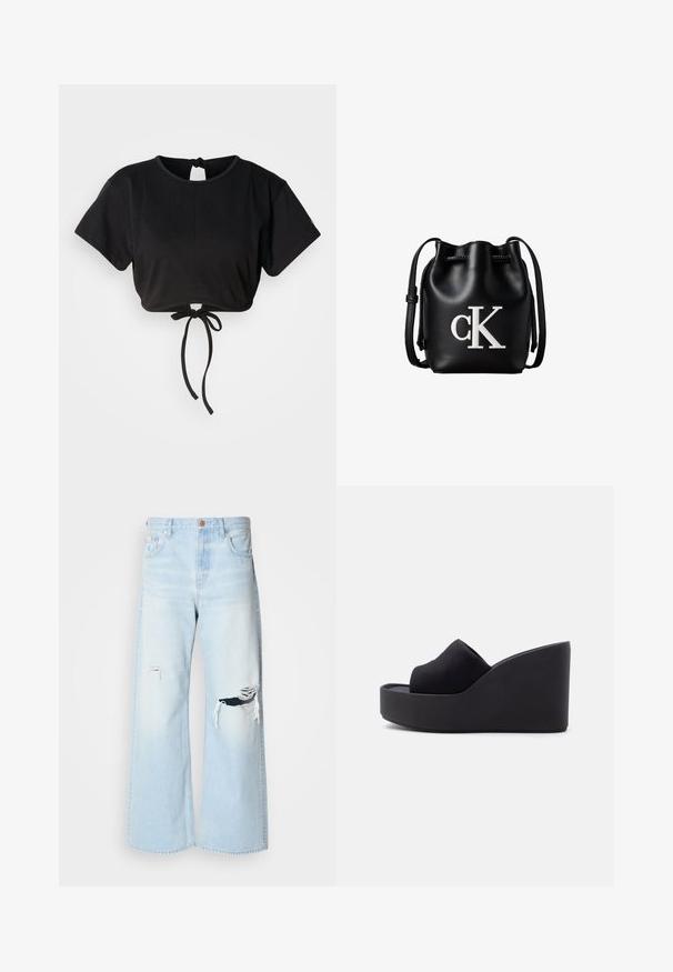 Sort cropped t-shirt lavet af blødt stof, med korte ærmer, rund halsudskæring og en bindedetalje bagpå til justering.; Lyseblå brede jeans lavet af denim, med høj talje, store revner ved knæene og et klassisk fem-lomme design med kobberhardware.; Sort platforms kile slide-sandal med lukket tå og stoffoverdel samt høj, solid sål mod en ensfarvet lys baggrund.; Sort læder bucket taske med snørelukning på toppen og hvidt "cK" logo foran, med justerbar skulderrem.