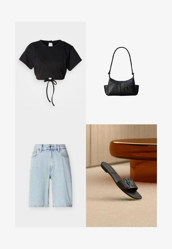 Μαύρο cropped t-shirt φτιαγμένο από μαλακό ύφασμα, με κοντά μανίκια, στρογγυλή λαιμόκοψη και λεπτομέρεια με κορδόνι στην πλάτη για ρύθμιση.; Ανοιχτό μπλε τζιν σορτς με ψηλή μέση, κούμπωμα με κουμπί και φερμουάρ, θηλιές για ζώνη και μπροστινές τσέπες.; Μαύρο σανδάλι με φάσα και γεωμετρικό κομμένο σχέδιο, με το λογότυπο Calvin Klein στο εσωτερικό, πάνω σε μπεζ χαλί κοντά σε καφέ μοντέρνο πόδι τραπεζιού.; Μαύρη δερμάτινη τσάντα ώμου με μακρύ λουράκι, πλαϊνές θήκες και ανάγλυφο λογότυπο Calvin Klein στο μπροστινό μέρος.