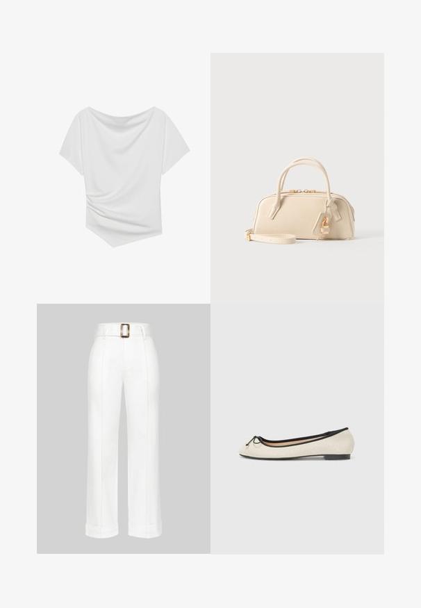 Top blanco de manga corta con diseño de hombros al descubierto, que presenta una textura drapeada y un detalle fruncido en un lado. Tejido suave.; Pantalones anchos blancos con cintura con cinturón, que presentan detalles de costura y puños doblados, confeccionados en una tela suave.; Bailarinas en un tejido beige con un ribete negro. Presentan una punta redondeada y un pequeño lazo en la parte delantera. Suela de bajo perfil.; Pequeño bolso beige con asas dobles, cremallera dorada y correa desmontable, con un charm en forma de candado dorado sobre un fondo liso.
