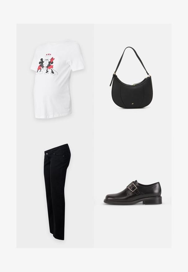 Camiseta de maternidad blanca con un gráfico de Mickey y Minnie Mouse, detalles en negro y rojo, mangas cortas y un corte relajado.; Vaqueros de mezclilla negra con corte recto, con cierre de botón en la parte delantera, trabillas para cinturón y cinco bolsillos. Textura suave y mate.; Zapato de vestir de cuero negro con punta redondeada, detalle de hebilla lateral y suela texturizada, sobre un fondo blanco liso.; Bolso de mano de cuero negro con forma curva, superficie texturizada, costuras frontales y un logo en tono dorado. Cuenta con una sola correa ajustable.