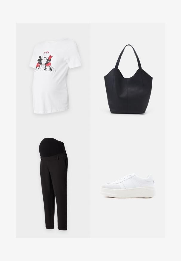 Camiseta de maternidad blanca con un gráfico de Mickey y Minnie Mouse, detalles en negro y rojo, mangas cortas y un corte relajado.; Pantalones de maternidad negros con una cintura alta y elástica y un diseño de pierna ajustada. La tela tiene una textura suave con un ligero brillo.; Zapatilla blanca de caña baja con cierre de cordones, suela gruesa tipo plataforma y detalle de ante en la puntera, mostrada de lado sobre un fondo liso.; Bolso tote negro fabricado en cuero liso, con un diseño minimalista que presenta un borde superior curvado y dos asas para el hombro.