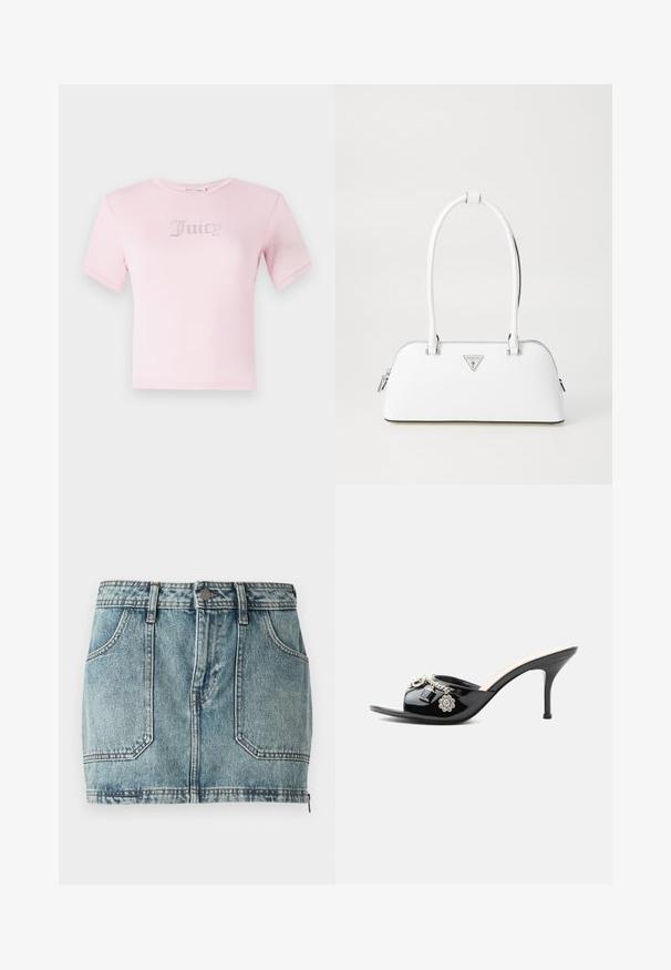 Roze katoenen t-shirt met korte mouwen, met het woord "Juicy" in rhinestones op de borst. Klassieke ronde halslijn en fitted ontwerp.; Leren denim minirok in lichtblauw met een vijf-pocketontwerp, riemlussen, metalen knoopsluiting en contrasterende stiksels.; Zwarte lakleren mule met hoge hak, open teen en decoratieve zilveren bedels, waaronder een bloem en hangslot op de voorste band.; Witte leren handtas met een gebogen vorm, voorzien van een zilveren driehoekig logo en ritssluiting. Gladde textuur en dubbele handvaten.