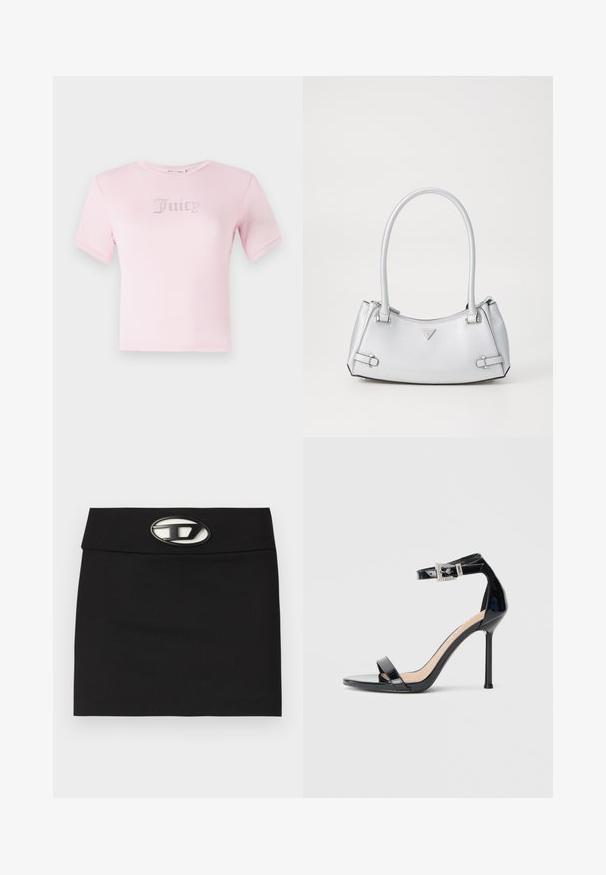 Roze katoenen t-shirt met korte mouwen, met het woord "Juicy" in rhinestones op de borst. Klassieke ronde halslijn en fitted ontwerp.; Zwarte mini-jurk met een platte tailleband. Beschikt over een opvallende metalen log sluiting aan de voorkant. Gemaakt van gladde stof zonder zichtbare patronen.; Zwarte sandalen met hoge hak van lakleer en een enkelriempje. Heeft een minimalistisch ontwerp, open teen en een gesp met strass-steentjes.; Zilveren handtas met een gestructureerd ontwerp, voorzien van twee handvatten, een glanzende textuur, opvallende hardware en een driehoekig logo aan de voorkant.