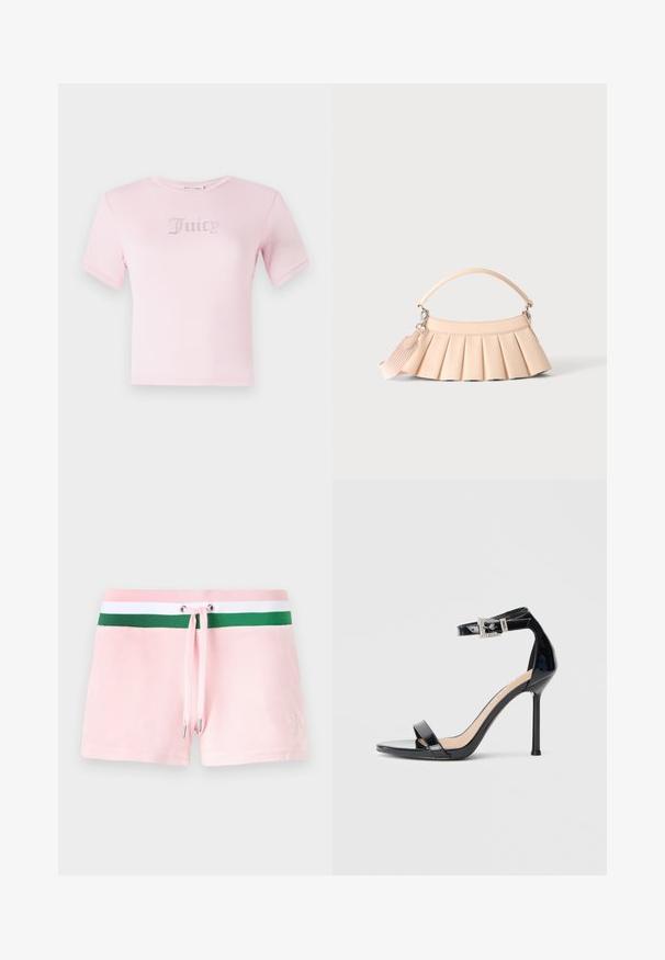 Roze katoenen t-shirt met korte mouwen, met het woord "Juicy" in rhinestones op de borst. Klassieke ronde halslijn en fitted ontwerp.; Roze katoenen shorts met een groen-witte gestreepte tailleband, voorzien van een trekkoord en zilveren metalen uiteinden. Subtiele logo borduursel aan de zijkant.; Zwarte sandalen met hoge hak van lakleer en een enkelriempje. Heeft een minimalistisch ontwerp, open teen en een gesp met strass-steentjes.; Kleine beige handtas met geplooide rok ontwerp, een kort handvat en een bevestigd brede stoffen riem op een effen lichte achtergrond.