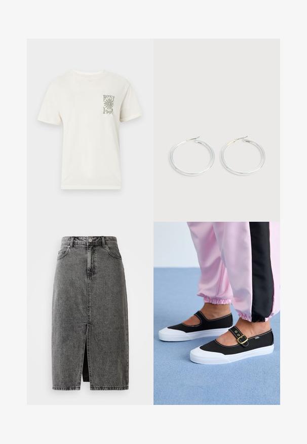T-shirt blanc à manches courtes avec encolure ronde, présentant un petit motif gris d'une fleur et le texte "ROXY 1990" sur la poitrine gauche.; Jupe midi en denim noir délavé, taille haute, avec fente frontale, passants de ceinture et design classique à cinq poches.; Baskets noires en toile avec une semelle blanche, présentant un design découpé et une sangle en boucle dorée. Portées avec un pantalon de survêtement rose.; Paire de boucles d'oreilles créoles argentées brillantes avec fermoirs en fil fin, présentée sur un fond gris clair.