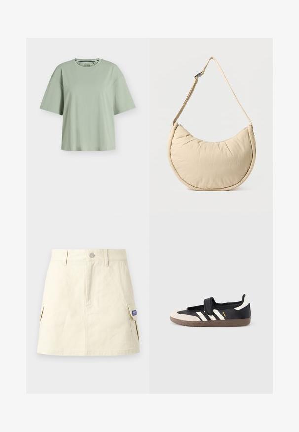 T-shirt oversize uni vert sauge clair à manches courtes, col rond et étiquette de marque visible à l'intérieur du col.; Jupe ligne A de couleur crème avec passants de ceinture, fermeture à boutons et poches cargo latérales, étalée à plat sur un fond clair.; Baskets noires et beiges avec une bride en velcro, trois bandes blanches sur le côté, et une semelle en caoutchouc marron texturée. Logo de la marque visible.; Sac d'épaule beige en forme de demi-lune avec une texture douce et rembourrée. Comprend une bandoulière réglable et une fermeture éclair sur le bord supérieur.