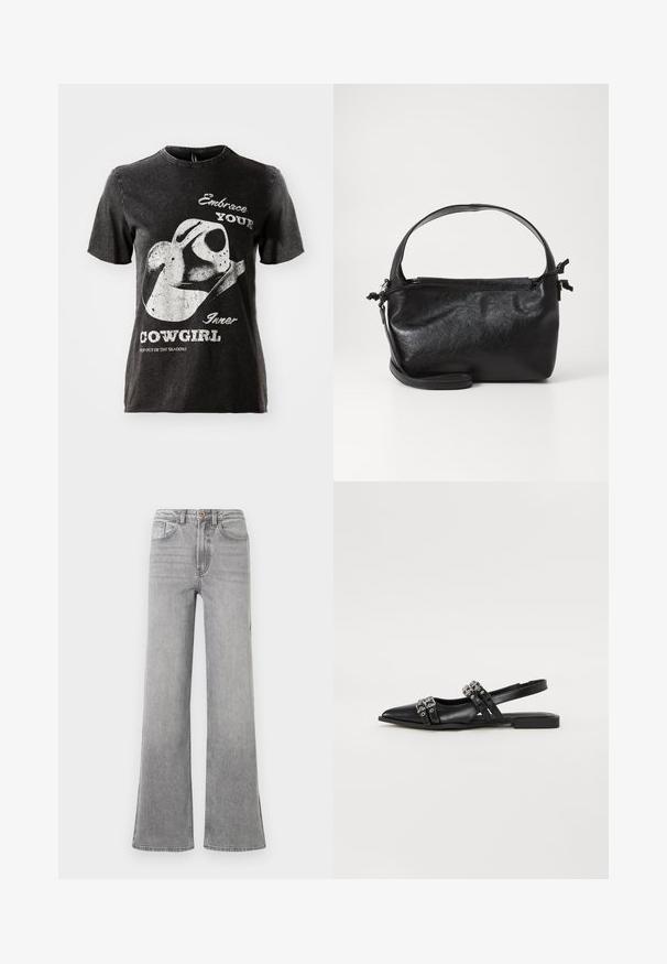 T-shirt en coton noir à manches courtes, avec un graphique d'un chapeau de cowboy et du texte en blanc. Encolure à bords bruts et texture usée.; Jean flare en denim gris avec une taille haute, des poches avant, des passants de ceinture et un design légèrement délavé, présenté sur un fond blanc.; Even&Odd by Zalando Ballerines à brides arrière - black; Sac à main en cuir noir au design structuré, avec une poignée arrondie et une bandoulière amovible. Présente une texture lisse et un éclat subtil.