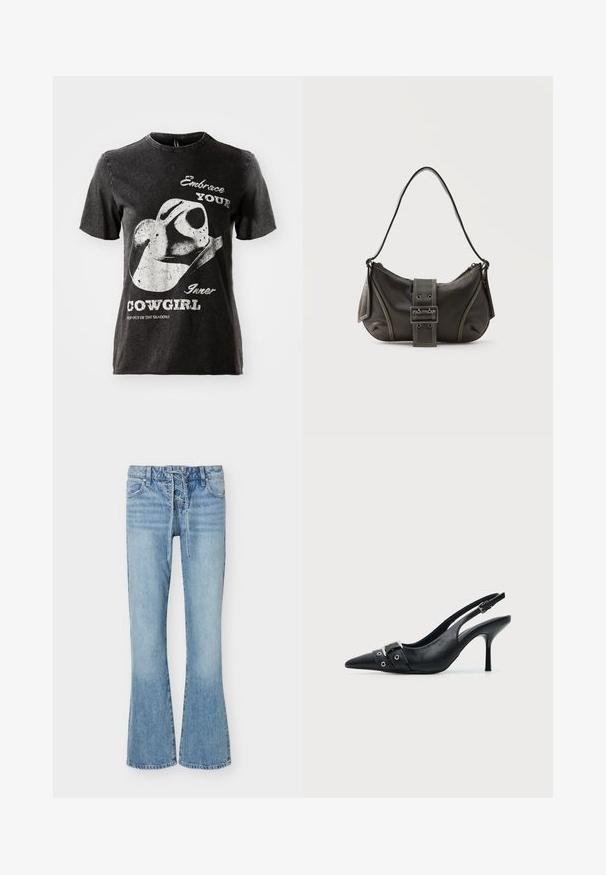 T-shirt en coton noir à manches courtes, avec un graphique d'un chapeau de cowboy et du texte en blanc. Encolure à bords bruts et texture usée.; Jean flare en denim bleu clair avec fermeture à lacets sur le devant, cinq poches et passants de ceinture, présentant des détails délavés sur les cuisses et les genoux.; Escarpin slingback à talon haut en cuir noir avec bout pointu, boucle et détail de bride œillet à l'avant.; Sac à épaule en cuir noir avec une sangle à boucle, des bords arrondis et des coutures blanches contrastées sur un fond uni.