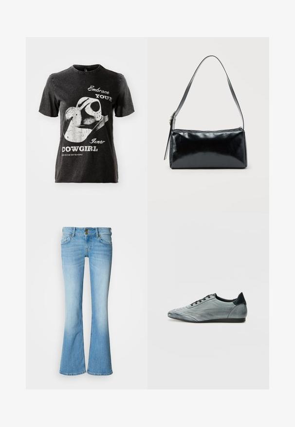 Zwarte katoenen T-shirt met korte mouwen, voorzien van een grafisch ontwerp van een cowboyhoed en witte tekst. Ongelijke rand bij de halslijn en een verouderde textuur.; Lichtblauwe denim jeans met wijde pijpen en een hoge taille, voorzien van een klassieke knoopsluiting, vijf zakken en een vervaagde wassing voor een verloop effect.; Lichtgrijze lederen sneaker met een slank ontwerp, voorzien van gestikte details, zwarte veters en een donker accent op de hak. Rubberen zool.; Zwarte rechthoekige schoudertas met een enkele verstelbare band en een bovenste ritssluiting op een effen achtergrond.