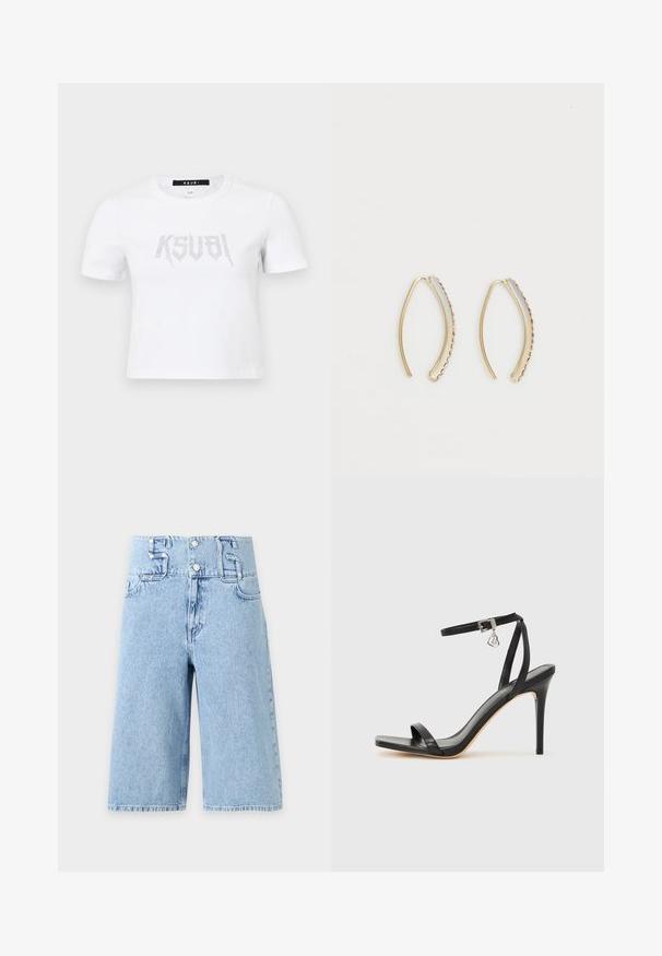 Weißes Kurzarm-T-Shirt aus Baumwolle mit einem mit Nieten versehenen Logodesign in Silber auf der Vorderseite. Einfacher Rundhalsausschnitt und lockere Passform.; Hellblaue High-Waist-Jeansshorts mit weitem Bein, vordere Knopfleiste und großen Gürtelschlaufen in Form der Zahlen fünf und sechs.; Schwarze High-Heel-Sandale mit schmalem Knöchelriemen, quadratischer Zehenbox, glattem Leder und metallischem Schnallenakzent.; Lauren Ralph Lauren PAVE THREADER - Ohrringe - gold-coloured