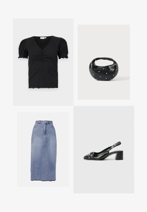 Musta ribbed lyhythihainen paita, jossa on V-pääntie, rypytetty yksityiskohta rinnassa ja röyhelöreunat hihoissa ja helman kohdalla.; Denim midi-hame vaaleansinisessä värissä, jossa on korkea vyötärö, etusaumat ja epätasainen helma raidoilla, mikä luo tekstuuria.; Mustat nahkaiset slingback-korkokengät, joissa on teräväkärkiset varpaat, teksturoitu hihna, jossa on pyöreitä metallikoristeita, ja pinoamassa oleva lohkokorko.; Musta nahkainen käsilaukku, jossa on pyöreä muoto, koristeltu hopeisilla niittikoristeilla ja lyhyt kahva. Sileä pinta ja vetoketjullinen suljenta.