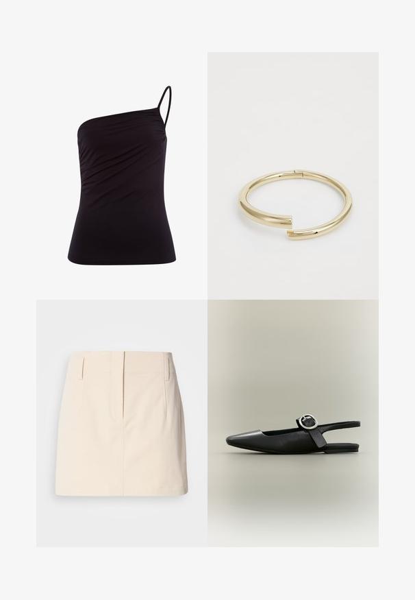 Top negro de un solo hombro hecho de una tela suave y elástica con un diseño ajustado y detalles fruncidos en el costado. Incluye una fina banda ajustable.; Calvin Klein Jeans SKIRT - Falda acampanada - fog; Zapato plano tipo slingback negro con punta afilada, hebilla plateada y tacón bajo sobre un fondo neutro.; Calvin Klein SPIRAL - Pulsera - gold-coloured
