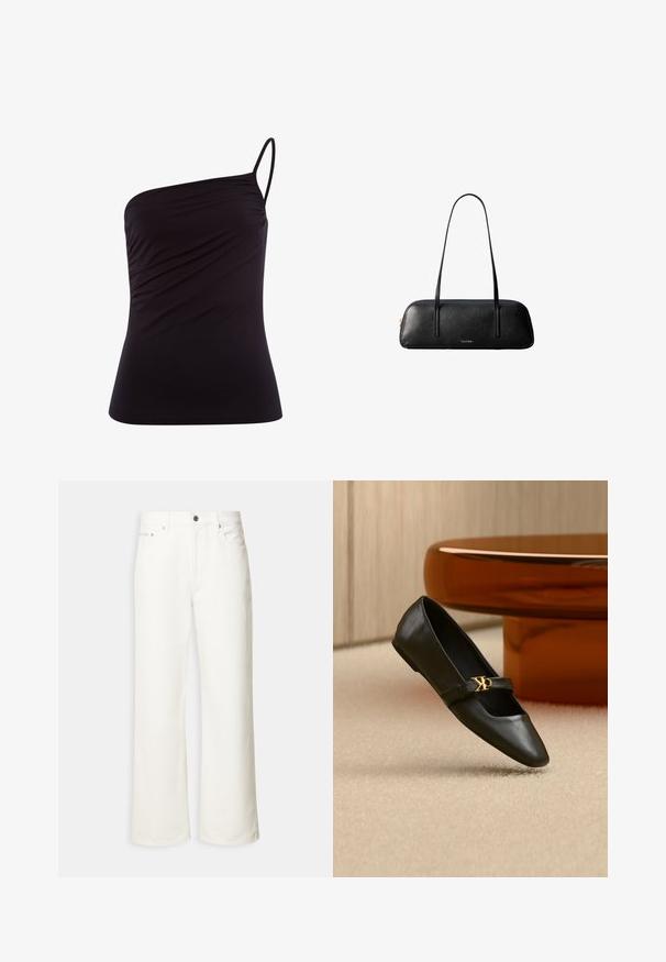Schwarzes Ein-Schulter-Top aus weichem, dehnbarem Stoff mit tailliertem Design und Raffung an der Seite. Dünner, verstellbarer Träger enthalten.; Weiße Jeans mit weitem Bein, vorn mit Knopfleiste, Gürtelschlaufen und Fünf-Taschen-Design.; Schwarzer flacher Lederschuh mit spitzer Kappe und goldenem CK-Logo auf dem Riemen, auf beigem Teppich neben einem runden bernsteinbraunen Tisch platziert.; Schwarze rechteckige Lederhandtasche mit langen dünnen Tragegurten und goldenem "Calvin Klein"-Logo auf der Vorderseite in der Mitte.