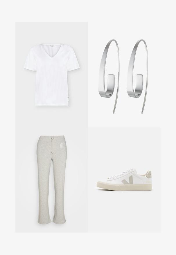 Weißes T-Shirt mit kurzen Ärmeln und V-Ausschnitt, mit kleinem Markenetikett an der unteren Seite und einem Etikett innen im Kragen.; GAP HERITAGE - Jogginghose - heather grey; Weiße Sneaker aus Leder mit grauen V-Logo-Akzenten, strukturiertem Gummiabsatz, weißen Schnürsenkeln sowie gepolstertem Zungen- und Knöchelbereich.; Silberne Creolen mit einem schlanken, elongated Design. Aus poliertem Metall gefertigt, zeichnen sie sich durch eine glatte Textur und einen minimalistischen Stil aus.