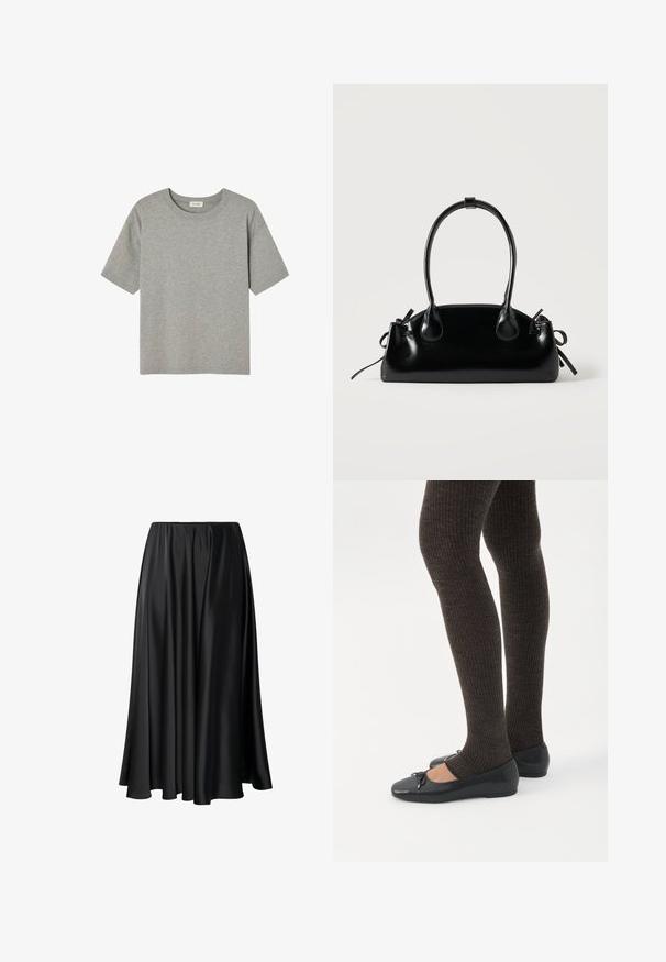 Camiseta gris de manga corta hecha de algodón suave, con cuello redondo y corte relajado, sin patrones o acentos prominentes.; Falda maxi negra de tejido suave, con una cinturilla elástica, silueta amplia y un dobladillo fluido sin patrones o detalles visibles.; Piernas con leggings oscuros acanalados combinados con bailarinas negras que presentan pequeños detalles de lazo sobre un fondo blanco.; Pequeño bolso negro brillante con dos asas largas y detalles de cordón lateral sobre un fondo claro liso.
