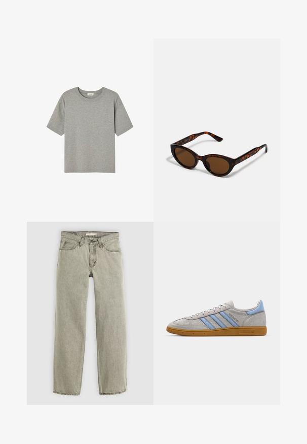 Graues Kurzarm-T-Shirt aus weicher Baumwolle mit Rundhals und lockerer Passform, ohne auffällige Muster oder Akzente.; Hellgraue gerade Jeans mit vorderem Knopf- und Reißverschluss, Gürtelschlaufen und Fünf-Taschen-Design.; Grau Wildleder Sneaker mit hellblauen Streifen, gummiertem Sohlenmaterial und Logo-Akzenten. Niedriges Design mit runder Zehenform und Schnürverschluss.; Braune Schildpatt-Sonnenbrille mit einer Vintage-Cat-Eye-Form und braunen Gläsern. Verfügt über gebogene Bügel mit roten Akzenten.