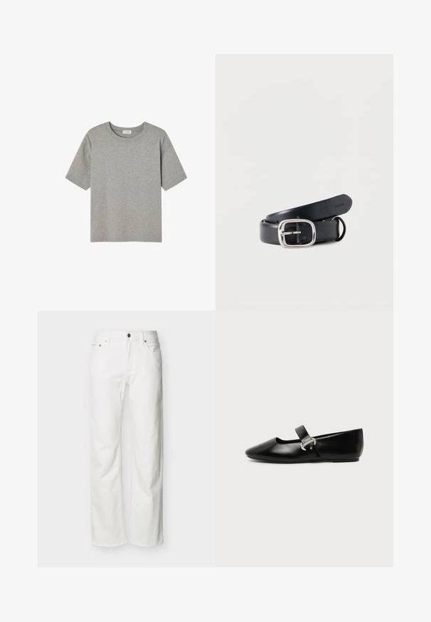 Camiseta gris de manga corta hecha de algodón suave, con cuello redondo y corte relajado, sin patrones o acentos prominentes.; Jeans blancos de pierna recta con bolsillos frontales, trabillas para cinturón, cierre de botón y costuras visibles sobre un fondo liso.; Zapato plano Mary Jane de cuero negro con punta redondeada y hebilla plateada sobre un fondo liso.; Cinturón de cuero negro con una hebilla plateada rectangular. Textura lisa, con agujeros perforados para ajuste y interior con marca.
