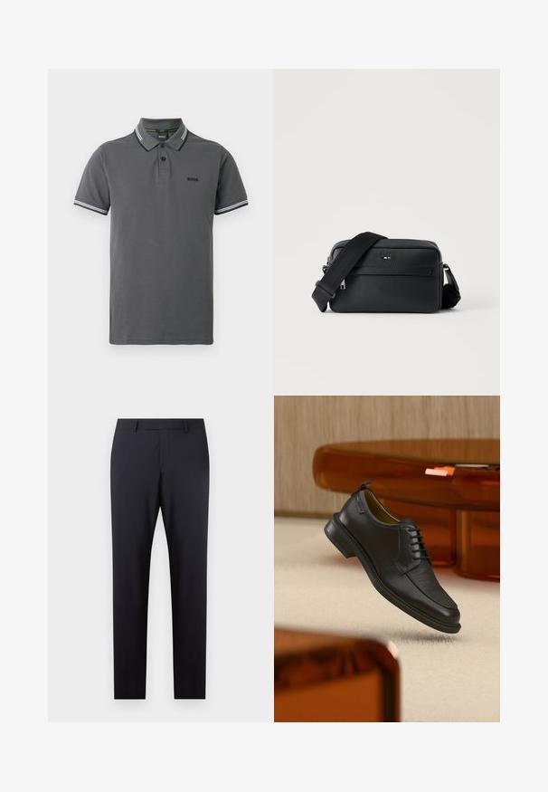 Polo gris avec un design classique, patte à deux boutons et accents rayés blancs contrastants sur le col et les manches.; Pantalons taillés bleu marine foncé avec un devant plat, coupe ajustée, poches latérales et une texture lisse ; sans motifs ni embellissements visibles.; Chaussure habillée noire en cuir à lacets avec devant texturé, flottant au-dessus d'un tapis beige dans une pièce moderne avec des meubles teintés d'ambre.; Sac bandoulière en cuir noir texturé avec poche avant zippée et bandoulière large en tissu réglable sur fond blanc.