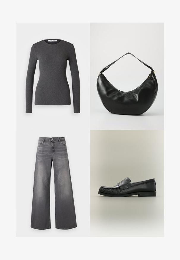 Top de manga larga y cuello redondo en gris oscuro, confeccionado en tejido acanalado con un diseño ajustado, que presenta una textura suave y un detalle mínimo.; Vaqueros de pierna ancha en denim gris oscuro desteñido. Presentan una cintura clásica, cinco bolsillos y un sutil efecto desgastado cerca de la parte delantera.; Mocasín penny de cuero negro con detalle fruncido en la puntera y tacón bajo apilado, visto de lado sobre un fondo neutro.; Bolso de hombro de cuero negro con una forma curva, textura suave y una sola correa; cuenta con un zipper dorado y un branding sutil.