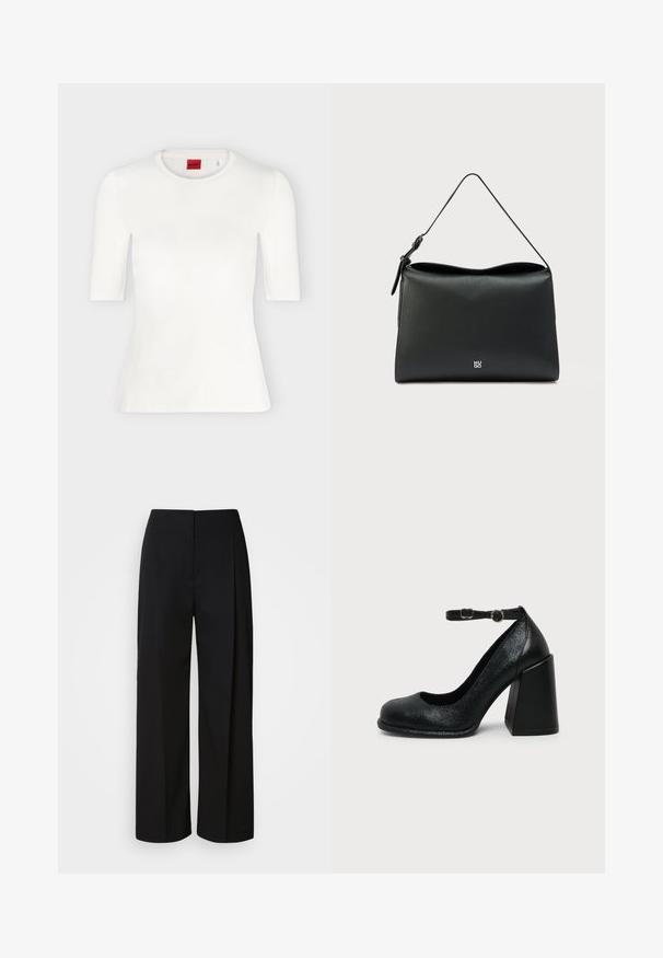 T-shirt blanc ajusté à manches courtes avec col rond et étiquette de marque rouge à l'intérieur du col.; Pantalon noir taille haute à jambes larges avec une fermeture avant dissimulée, des coutures ajustées et un tissu lisse et structuré.; Chaussure à talon haut en cuir noir avec bout arrondi et bride de cheville réglable avec boucle dorée sur fond uni clair.; Sac à main en cuir noir avec une forme plate et structurée, une sangle fine et le logo de la marque à l'avant. Texture lisse avec un design minimaliste.
