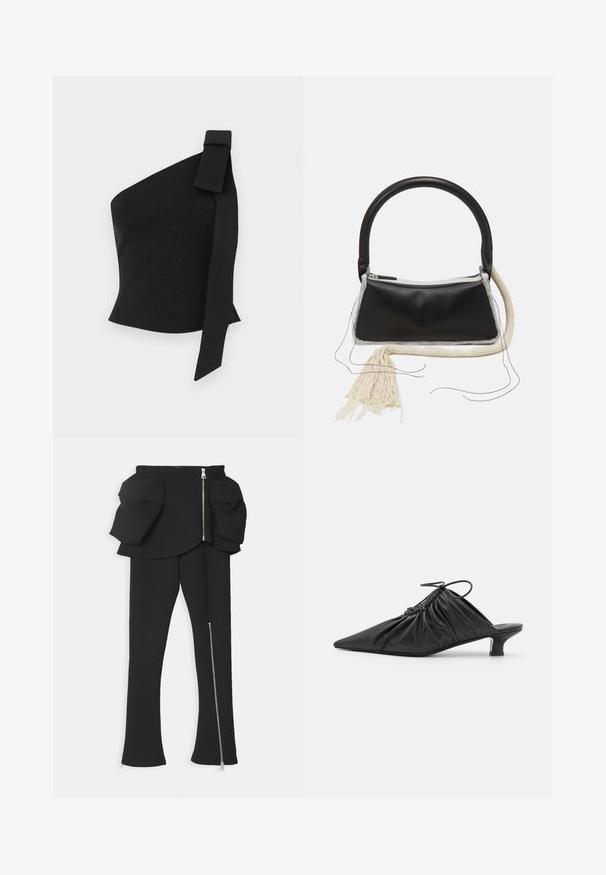 Top negro asimétrico hecho de tela texturizada; presenta un detalle de lazo en el hombro izquierdo y un diseño ajustado.; A.W.A.K.E. MODE BASQUE PANTS WITH ZIPS AND LARGE POCKETS - Pantalones - black; Mules negros de cuero sin hebillas con punta afilada, textura recogida y un pequeño tacón de gato. Presentan un detalle de cordón en la abertura.; Bolso de cuero negro con un asa redondeada, cremallera plateada, ribete de piel de oveja blanca, y un largo borlón crema unido a la parte delantera.
