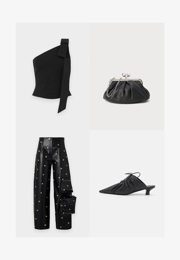 Top negro asimétrico hecho de tela texturizada; presenta un detalle de lazo en el hombro izquierdo y un diseño ajustado.; A.W.A.K.E. MODE COVERED TROUSER WITH SNAP ON POCKETS - Pantalones - black; Mules negros de cuero sin hebillas con punta afilada, textura recogida y un pequeño tacón de gato. Presentan un detalle de cordón en la abertura.; Clutch de cuero negro con textura arrugada, marco de metal en tono plateado, cierre de beso y cadena para colgar. Superficie suave y lisa.