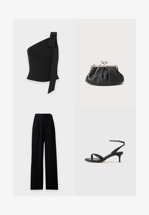 Top negro asimétrico hecho de tela texturizada; presenta un detalle de lazo en el hombro izquierdo y un diseño ajustado.; Pantalones de pierna ancha negros fabricados con un tejido suave, que cuentan con una cintura alta y un cinturón de lazo a juego, con una textura lisa y sin patrones visibles.; Sandalia negra de cuero para mujer con tiras finas, un lazo para el dedo del pie, hebilla en el tobillo y tacón de aguja de altura media sobre un fondo neutro.; Clutch de cuero negro con textura arrugada, marco de metal en tono plateado, cierre de beso y cadena para colgar. Superficie suave y lisa.