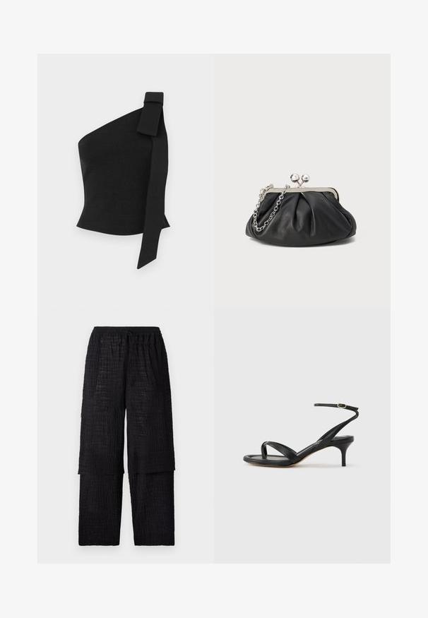 Asymmetrisch zwart top gemaakt van textuurstof; heeft een strikdetail op de linkerschouder en een getailleerd ontwerp.; Henrik Vibskov SHANTS PANTS - Broek - black; Zwarte leren dames sandaal met dunne bandjes, een teengreep, een enkelgesp en een stilettohak van gemiddelde hoogte op een neutrale achtergrond.; Zwarte leren clutch met geplooide textuur, zilverkleurig metalen frame, drukknopsluiting en kettingriem. Glad, zacht oppervlak.
