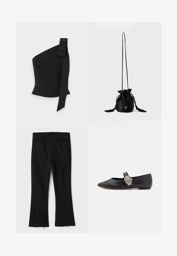Asymmetrisch zwart top gemaakt van textuurstof; heeft een strikdetail op de linkerschouder en een getailleerd ontwerp.; Mother LIL HUSTLER FRAY - Bootcut jeans - black denim; Sophia Webster TITANIA - Ballerina's met enkelbandjes - black/crystal; Zwarte bucketbag met trekkoord, lange dunne band en klein goudkleurig vierkant logo aan de voorkant, weergegeven tegen een eenvoudige achtergrond.