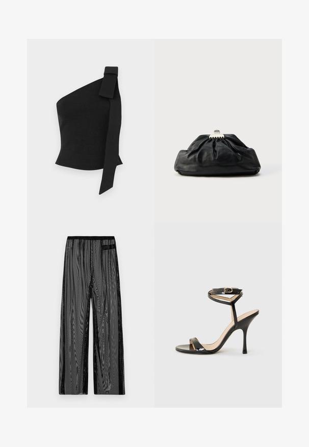 Top negro asimétrico hecho de tela texturizada; presenta un detalle de lazo en el hombro izquierdo y un diseño ajustado.; Pantalones de malla negros con un diseño de pierna ancha, que cuentan con una cinturilla elástica negra y bolsillos laterales. Tela texturizada y ligera.; Sandalia de tacón alto de charol negro con tira delgada en el tobillo y hebilla, punta abierta y tacón aguja esbelto sobre fondo blanco.; Bolso de mano de cuero negro con textura recogida, cierre de broche metálico y logo en relieve sutil en el frente. Forma redondeada.