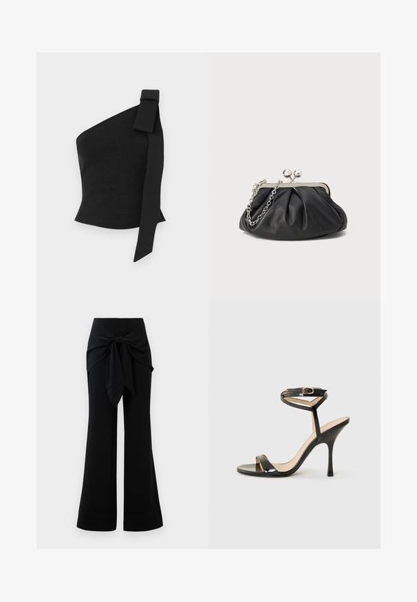 Top negro asimétrico hecho de tela texturizada; presenta un detalle de lazo en el hombro izquierdo y un diseño ajustado.; Pantalones de pierna ancha negros con detalle de lazo en la cintura. Fabricados con un tejido suave, que presenta una textura lisa y líneas limpias. Dobladillo ligeramente acampanado.; Sandalia de tacón alto de charol negro con tira delgada en el tobillo y hebilla, punta abierta y tacón aguja esbelto sobre fondo blanco.; Clutch de cuero negro con textura arrugada, marco de metal en tono plateado, cierre de beso y cadena para colgar. Superficie suave y lisa.