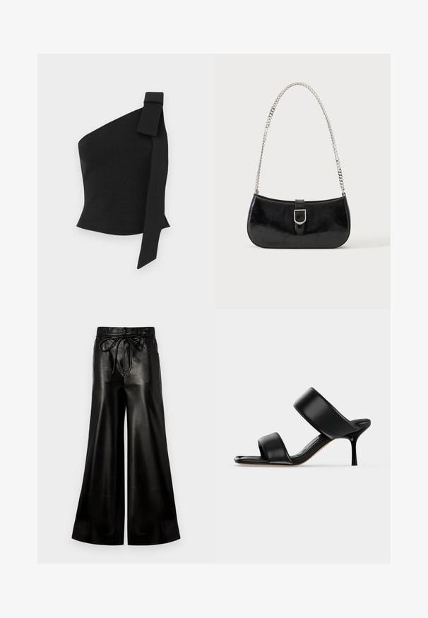 Top negro asimétrico hecho de tela texturizada; presenta un detalle de lazo en el hombro izquierdo y un diseño ajustado.; Pantalones de cuero negro de pierna ancha con cinturilla ajustable. Textura suave, talle alto, corte holgado, con bolsillos laterales y cierre de botón.; Sandalia mule de cuero negro con dos tiras anchas y un tacón de aguja delgado de altura media sobre un fondo claro y sencillo.; Bolso de hombro de charol negro con detalle de hebilla plateada y correa de cadena plateada, presentado sobre un fondo liso y claro.