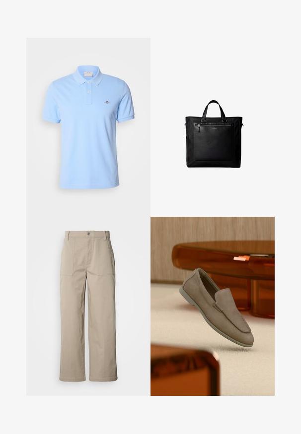 Lichtblauwe poloshirt met korte mouwen, gemaakt van katoen, met een twee-knopen sluiting en een klein geborduurd logo op de linkerkant van de borst.; Beige wijde broek van katoen; voorzien van voorzakken met klep, een knoopsluiting en zichtbare stiknaden langs de zoom.; Beige suède instapschoen met zichtbare stiksels en lichte zool, geplaatst bovenop een crèmekleurig tapijt, met oranje doorschijnend meubilair op de achtergrond.; Zwarte tote bag met dubbele handvatten, grote voorste leren zak met ritssluiting en subtiel Calvin Klein-logo in het midden van de zak.
