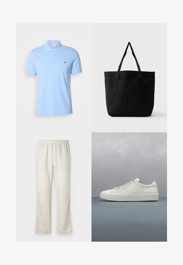 Lichtblauwe poloshirt met korte mouwen, gemaakt van katoen, met een twee-knopen sluiting en een klein geborduurd logo op de linkerkant van de borst.; Beige lichtgewicht linnen broek met elastische tailleband, rechte pijpen en geen zichtbare zakken of sluitingen.; Witte leren sneaker met een ronde neus, minimalistisch ontwerp, grijze veters en een gestructureerde grijze rubberen zool. Fijne stikdetails zichtbaar.; Zwarte canvas tas met twee schouderbanden en een subtiel, ingebosseleerd cirkelvormig ontwerp aan de voorkant.