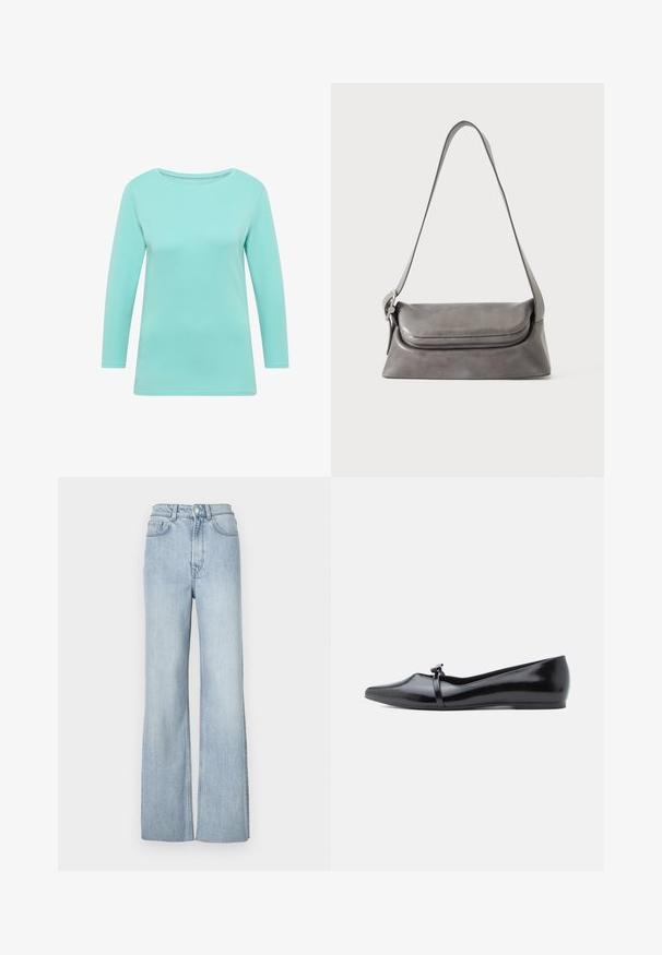 Un haut à manches longues de couleur turquoise clair, fabriqué dans un tissu lisse et extensible, avec un col rond et une coupe décontractée. Aucune motif ou accent visible.; Jeans en denim bleu clair évasés avec taille haute, dotés de poches avant et de coutures discrètes le long des jambes.; Ballerine en cuir verni noir avec bout pointu, bride décorative et texture lisse. Design minimaliste sans accents visibles.; Sac à épaule en cuir gris avec un rabat incurvé et une longue sangle fine suspendus sur un fond blanc.