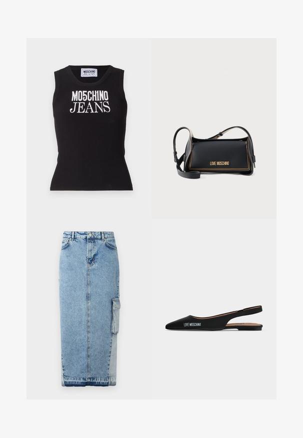 Sort ribbet tanktop med "MO5CH1NO JEANS" i hvid broderi. Tætsiddende design med rund hals og uden ærmer.; Lys blå denimnederdel med lige snit, frontknaplukning, sidelommer og et markant kontrasterende stofpanel.; Sort spids slingback flad sko med lav hæl og "LOVE MOSCHINO"-logo på siden mod en enkel lys baggrund.; Sort rektangulær Love Moschino håndtaske med gyldne syninger og justerbar skulderrem på ensfarvet baggrund.