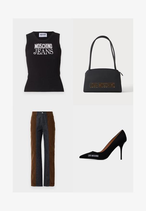 Sort ribbet tanktop med "MO5CH1NO JEANS" i hvid broderi. Tætsiddende design med rund hals og uden ærmer.; Corduroy- og denimbukser med lodret panelering i mørkebrun og navy blå, med lige pasform og standard fem-lomme design.; Sort spids tå stilet hæl med teksten "LOVE MOSCHINO" på ydersiden og et glat slip-on design.; Sort rektangulær håndtaske med to tynde håndtag og gyldent "LOVE MOSCHINO" bogstaver på fronten, mod en ensfarvet lys baggrund.