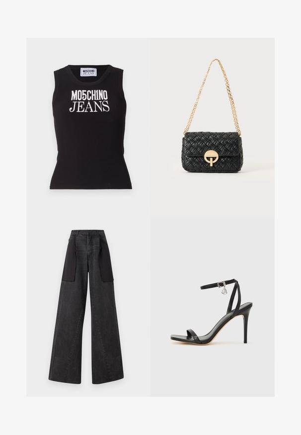 Must mustriga tank top, millel on valge silmus "MO5CH1NO JEANS". Keha lähedane lõige, ümmargune kaelus ja ilma varrukateta disain.; Tumedast denimist laiad jalad teksad, mille külgedel on mustad kangast paneelid, kõrge vöökoht ja nähtavad õmblustooted.; Mustad kõrge kontsaga sandaal kitsaste pahkluu rihmadega, kandilise varbaosaga, siledast nahast ning metallist pandla aktsendiga.; Must punutud nahast käekott kuldse kettrihma ja ümmarguse kuldse puhulukuga ees, asetatud heledale ühtlasele taustale.