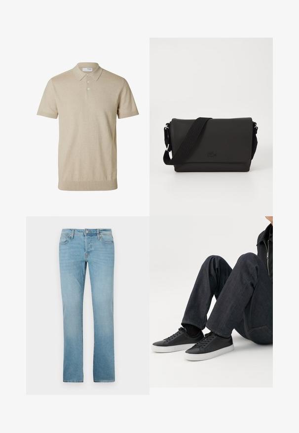 Beige polo met korte mouwen, kraag en drie knopen, geribde randen aan mouwen en zoom, effen gebreide stof.; Lichtblauwe spijkerbroek van denim, met een rechte pijpdesign, vijf zakken, een knoopsluiting en subtiele vervaging voor textuur.; Persoon zittend met gebogen benen, draagt donkerblauwe spijkerbroek en zwarte lage sneakers met witte zolen op een witte achtergrond.; Lacoste MESSENGER BAG MEN CLASSIC - Schoudertas - noir