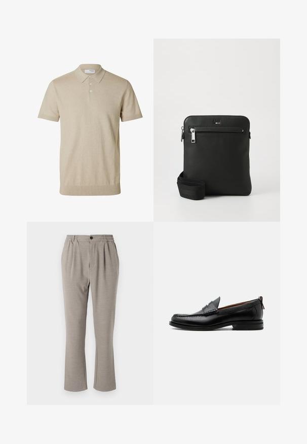 Beiges kurzärmeliges Poloshirt mit Kragen und drei Knöpfen, gerippte Bündchen an Ärmeln und Saum, einfarbiger Strickstoff.; Hellgraue Hose mit einer lockeren Passform, aus weichem Stoff, mit elastischem Bund, Falten und einem einzigen Knopfverschluss.; Schwarzer Leder-Herrenschuh mit Mokassinnaht, Penny-Riemen, strukturiertem Kragen und niedrigem gestapeltem Absatz auf weißem Hintergrund.; Schwarze Leder-Umhängetasche mit flachem Design, strukturierter Oberfläche, Reißverschluss, Vordertasche und verstellbarem Stoffriemen.