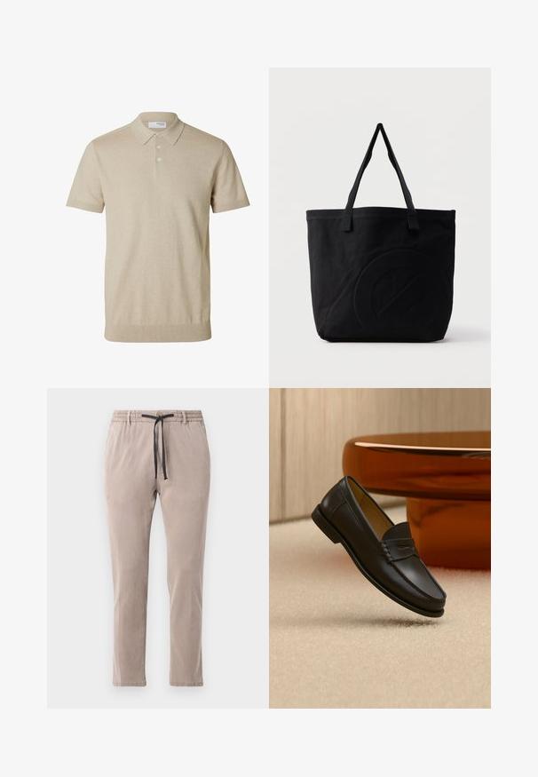 Beige kortærmet polo med krave og tre knapper, ribkant ved ærmer og nederkant, ensfarvet strikstof.; Beige bukser med elastisk talje og sort snor. Lige ben-design med blød tekstur og minimale syningsdetaljer.; Sort læder loafer-sko hængende over beige tæppe med ravfarvet moderne møblement i baggrunden.; Sort canvas-tote-taske med to skulderstropper og et diskret præget cirkeldesign på fronten.