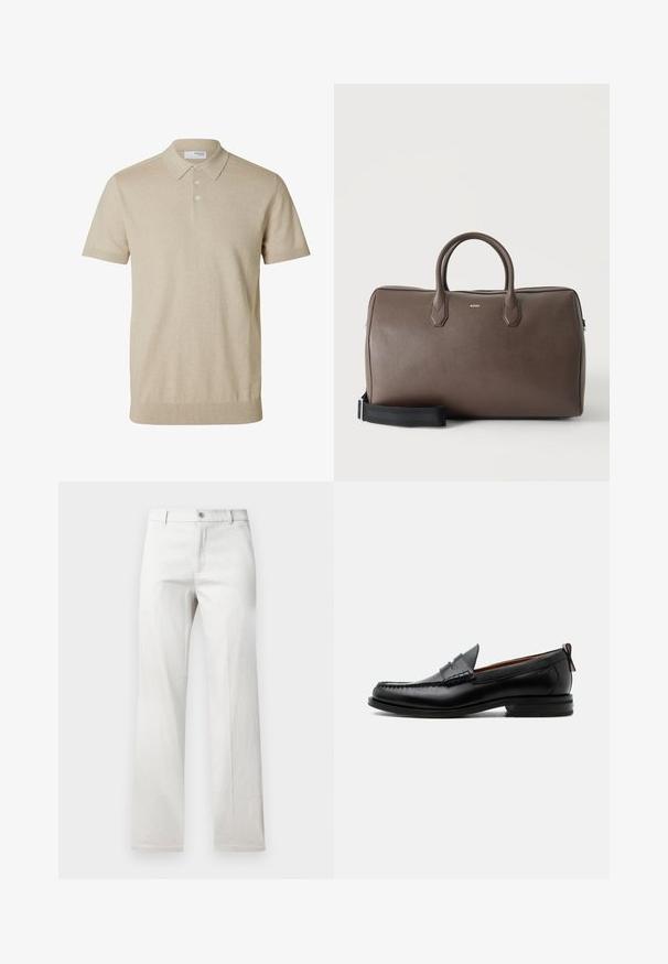 Beiges kurzärmeliges Poloshirt mit Kragen und drei Knöpfen, gerippte Bündchen an Ärmeln und Saum, einfarbiger Strickstoff.; Helle graue Hose mit geradem Bein, aus einem glatten Stoff gefertigt, mit vorderer Knopfverschluss und Seitentaschen.; Schwarzer Leder-Herrenschuh mit Mokassinnaht, Penny-Riemen, strukturiertem Kragen und niedrigem gestapeltem Absatz auf weißem Hintergrund.; Braune Leder-Duffelbag mit zwei Griffen, einem schwarzen verstellbaren Schulterriemen und einem kleinen "BOSS" Logo vorne in der Mitte.