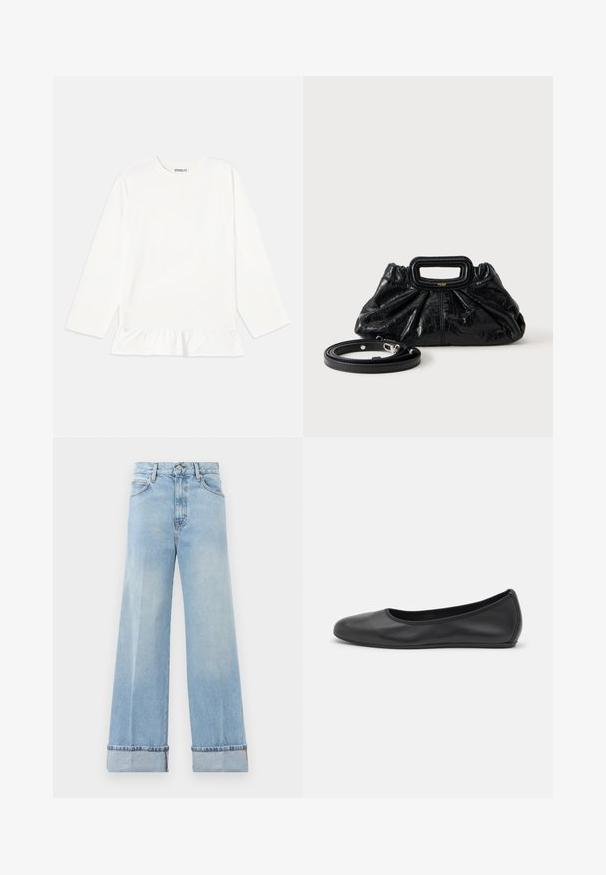 Wit langetermijn top van zachte stof, met een gerimpelde zoom. Het ontwerp heeft een ronde halslijn en subtiele branding op de borst.; Lichtblauwe wijde jeans van denim, met een hoge taille, omgeslagen zoom en klassieke vijf-pocket ontwerp. Schone afwerking met minimale slijtage.; Zwarte leren ballerina met een ronde neus, gladde textuur, minimale stikdetails en een flexibele zoolontwerp.; Kleine zwarte leren handtas met geplooide textuur, rechthoekige handgreep en afneembare dunne schouderriem ernaast geplaatst.