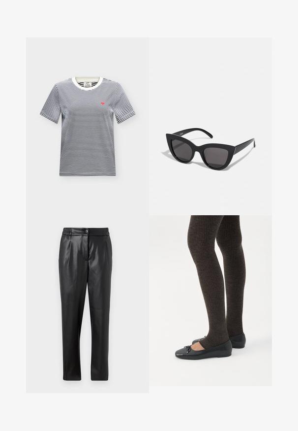 Wit T-shirt met korte mouwen, dunne zwarte horizontale strepen en een klein rood hart geborduurd op de linkerborst.; Zwarte leren broek met een gladde textuur, rechte pasvorm, elastische tailleband en een knoopsluiting aan de voorkant; geplooide details en taps toelopende pijpen.; Benen met donkere geribbelde leggings gecombineerd met zwarte ballerina's met kleine strikdetails op een witte achtergrond.; Zwarte cat-eye zonnebril met een matte afwerking, voorzien van grijs getinte glazen, scherpe hoeken en slanke zijarmen. Merkennaam zichtbaar op de binnenarm.