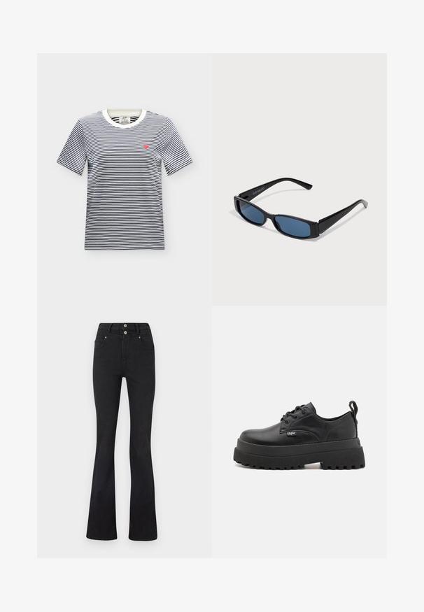 JDY JDYPISA S/S PRINT TOP JRS NOOS - T-shirt print - cloud dancer/sky captain; Zwarte high-waist jeans met wijde pijpen, voorzakken, riemlussen en twee zilveren knopen bij de taille.; Buffalo PLUTO LACE UP - Veterschoenen - black; Zwarte zonnebril met een slank rechthoekig frame en blauwe lenzen. Heeft een gladde textuur en stevige pootjes. Merklogo aan de zijkant.