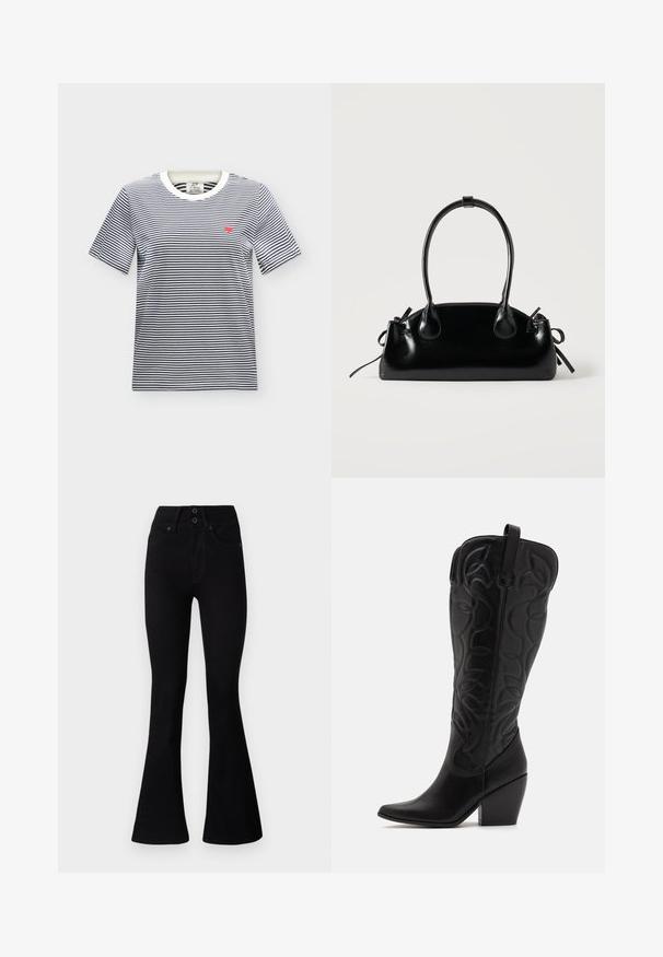 Wit T-shirt met korte mouwen, dunne zwarte horizontale strepen en een klein rood hart geborduurd op de linkerborst.; Pepe Jeans FLARE CONTOUR - Flared Jeans - black denim; Zwarte leren kniehoge laarzen met puntige neus en gestapelde hak. Voorzien van decoratief stiksel en gebogen designelementen.; Kleine zwarte glanzende handtas met twee lange hengsels en zijkant trekkoord details op een effen lichte achtergrond.