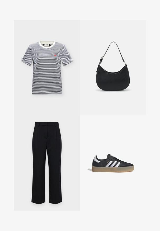 Camiseta blanca de manga corta con finas rayas horizontales negras y un pequeño corazón rojo bordado en el pecho izquierdo.; Pantalones negros de corte recto, con cinturilla, pliegues frontales y bolsillos laterales. Fabricados en una tela suave.; Zapatilla deportiva de cuero negro con tres rayas plateadas, punta texturizada y suela de goma. Cuenta con un collar acolchado y un diseño con cordones.; Bolso hobo negro hecho de cuero suave con una silueta curva, que cuenta con una sola correa ajustable y detalles de diseño minimalistas.