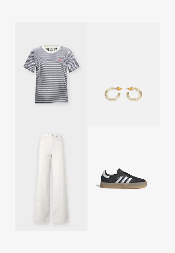 Camiseta blanca de manga corta con finas rayas horizontales negras y un pequeño corazón rojo bordado en el pecho izquierdo.; ONLY Tall ONLHOPE GLOBAL HIGH WAIST WIDE - Pantalones - pumice stone; Zapatilla deportiva de cuero negro con tres rayas plateadas, punta texturizada y suela de goma. Cuenta con un collar acolchado y un diseño con cordones.; Pendientes de aro en tono dorado con una forma suave y redondeada y un acabado pulido. Presentan acentos naranjas en la parte trasera para un ajuste seguro.