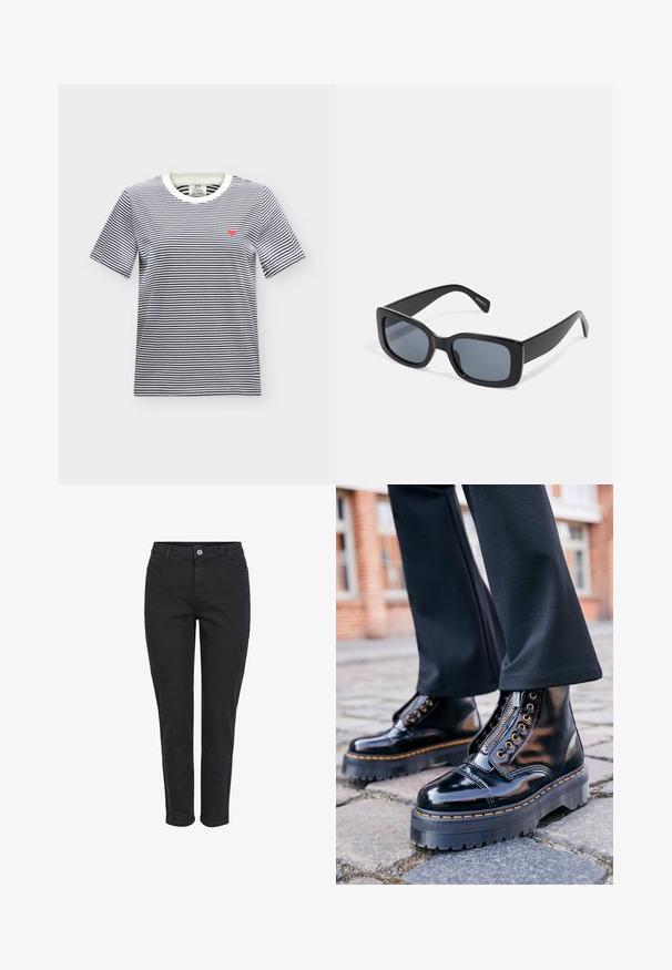 Camiseta blanca de manga corta con finas rayas horizontales negras y un pequeño corazón rojo bordado en el pecho izquierdo.; Jeans de mezclilla negra con un diseño de pierna recta, que cuentan con un cierre frontal de botón, cinco bolsillos y un acabado texturizado liso.; Botas anatómicas de charol negro con una suela de goma gruesa, cremallera lateral, herrajes dorados y detalle de costura amarilla en contraste.; Gafas de sol rectangulares negras con lentes oscuros, montura de plástico grueso y patillas anchas. Superficie lisa y diseño anguloso.
