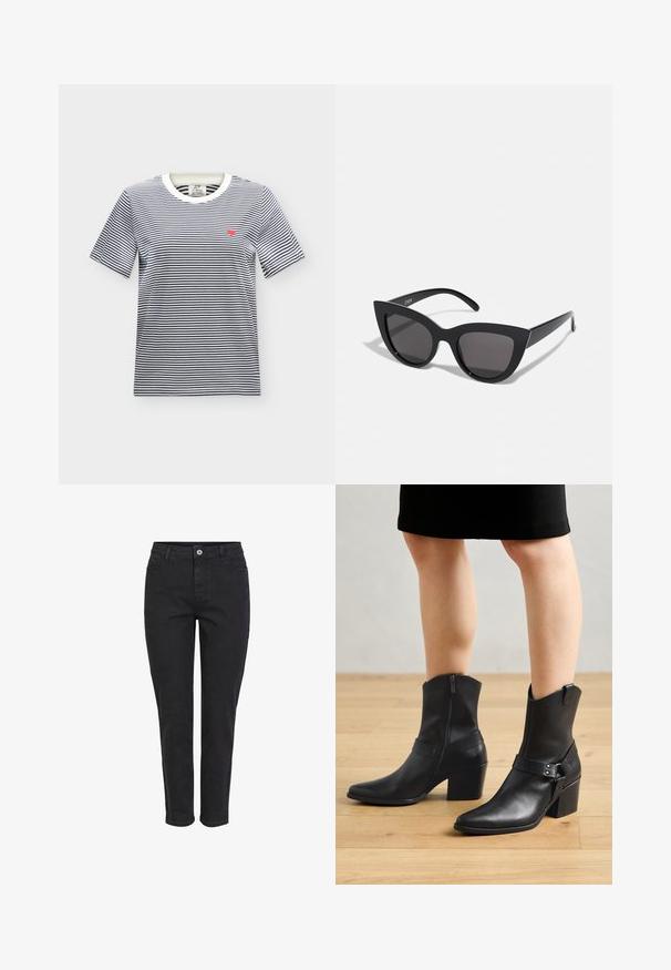 Hvid t-shirt med korte ærmer med tynde sorte vandrette striber og et lille rødt hjerte broderet på venstre bryst.; Sorte denim jeans med lige ben, der har en frontknaplukning, fem lommer og en ensartet tekstureret overflade.; Sorte læder ankelstøvler med spids tå, lynlås lukning, buet hæl og en dekorativ rem med metal detaljer.; Sorte cat-eye solbriller med mat finish, der har grå tonede linser, skarpe vinkler og slanke sidearme. Mærkenavnet er synligt på den indre arm.